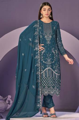 Teal heavy georgette embroidered semi stitched suit with khatli work