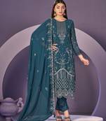 Teal heavy georgette embroidered semi stitched suit with khatli work