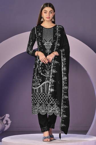 Black heavy georgette embroidered semi stitched suit with khatli work