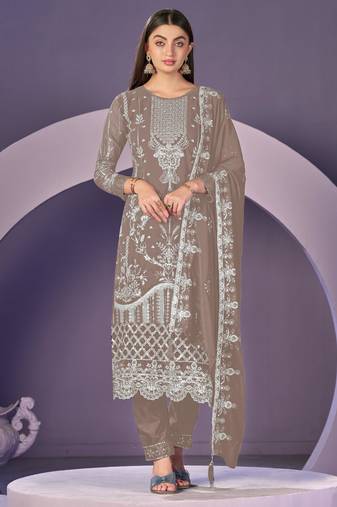 Beige heavy georgette embroidered semi stitched suit with khatli work