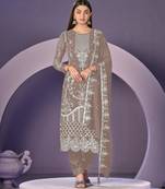 Beige heavy georgette embroidered semi stitched suit with khatli work