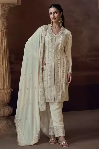 White heavy chinon free size stitched salwar suit with sequence embroidery work
