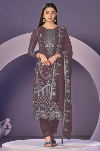Mauve heavy georgette embroidered semi stitched suit with khatli work