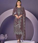 Mauve heavy georgette embroidered semi stitched suit with khatli work