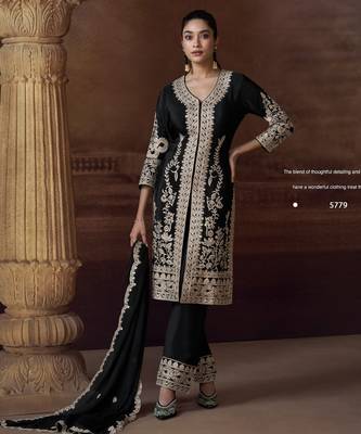Black heavy chinon free size stitched salwar suit with sequin embroidery  1