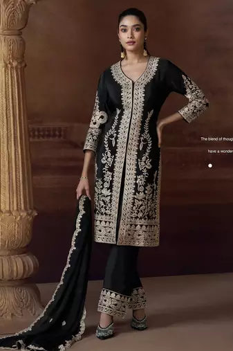 Black heavy chinon free size stitched salwar suit with sequence embroidery work