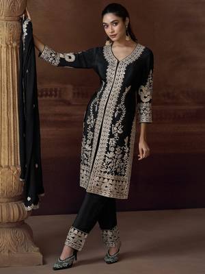 Black heavy chinon free size stitched salwar suit with sequin embroidery  3