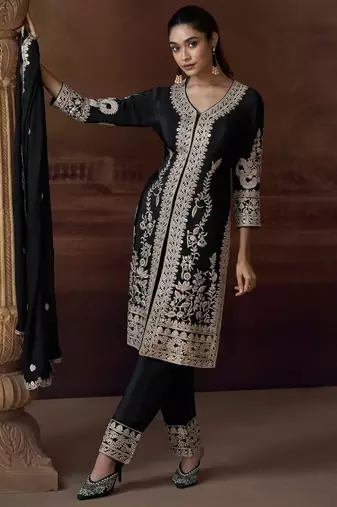 Black heavy chinon free size stitched salwar suit with sequin embroidery 