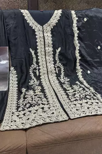 Black heavy chinon free size stitched salwar suit with sequin embroidery 