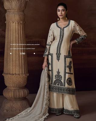 Beige heavy chinon free size stitched salwar suit with sequin embroidery  1