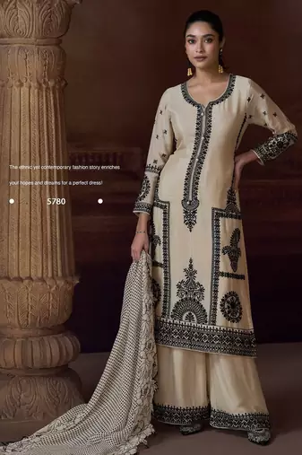 Beige heavy chinon free size stitched salwar suit with sequence embroidery work