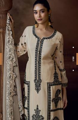 Beige heavy chinon free size stitched salwar suit with sequin embroidery  2