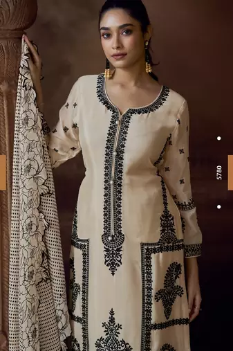 Beige heavy chinon free size stitched salwar suit with sequin embroidery 