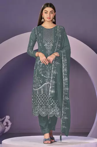 Sea green heavy georgette embroidered semi stitched suit with khatli work