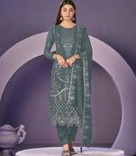 Sea green heavy georgette embroidered semi stitched suit with khatli work