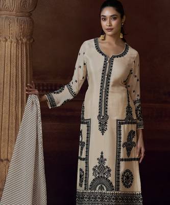 Beige heavy chinon free size stitched salwar suit with sequin embroidery  3