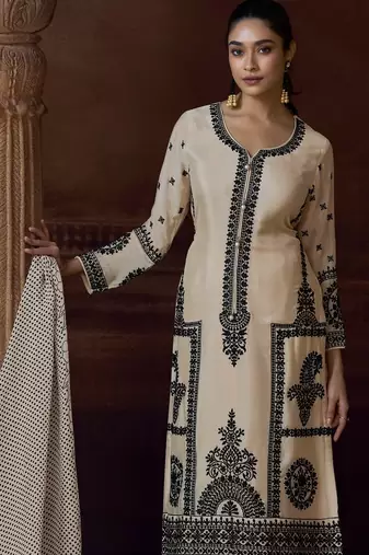 Beige heavy chinon free size stitched salwar suit with sequin embroidery 