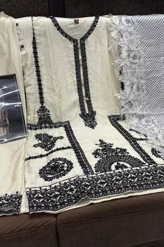 Beige heavy chinon free size stitched salwar suit with sequin embroidery 