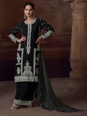 Black heavy chinon free size stitched salwar suit with sequin embroidery  1