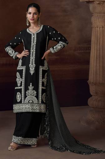 Black heavy chinon free size stitched salwar suit with sequence embroidery work