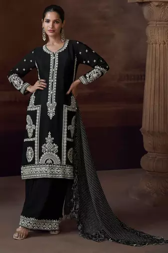 Black heavy chinon free size stitched salwar suit with sequence embroidery work