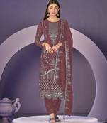 Brown heavy georgette embroidered semi stitched suit with khatli work