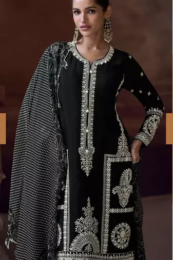 Black heavy chinon free size stitched salwar suit with sequin embroidery 