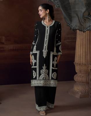 Black heavy chinon free size stitched salwar suit with sequin embroidery  3
