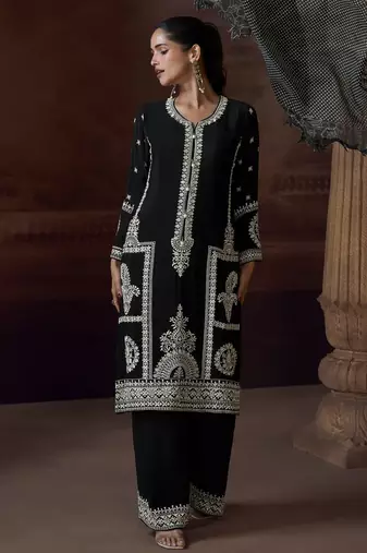 Black heavy chinon free size stitched salwar suit with sequin embroidery 