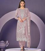 Lavender heavy georgette embroidered semi stitched suit with khatli work