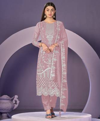 Peach heavy georgette embroidered semi stitched suit with khatli work 1