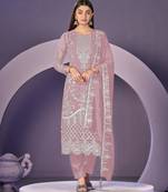 Peach heavy georgette embroidered semi stitched suit with khatli work