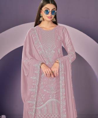 Peach heavy georgette embroidered semi stitched suit with khatli work 2