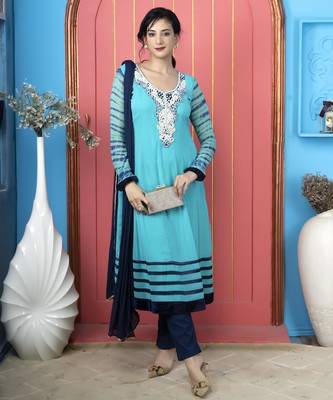 Light-blue embroidered georgette stitched a line trouser kurta dupatta readymade suits 1