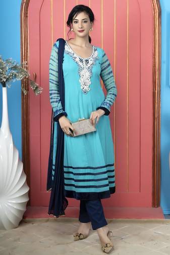 Light-blue embroidered georgette stitched a line trouser kurta dupatta readymade suits