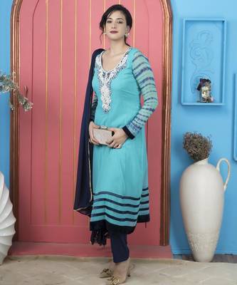 Light-blue embroidered georgette stitched a line trouser kurta dupatta readymade suits 2