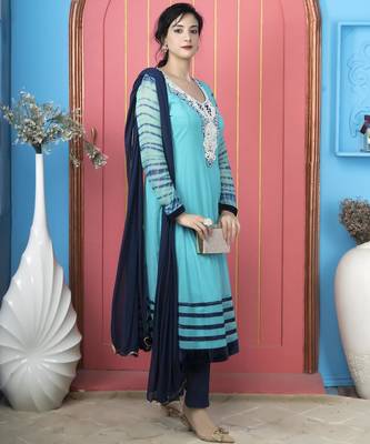 Light-blue embroidered georgette stitched a line trouser kurta dupatta readymade suits 3