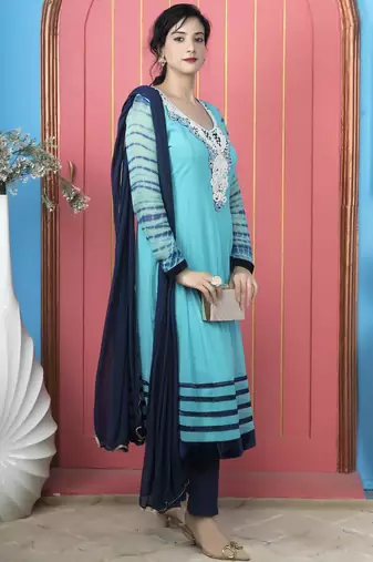 Light-blue embroidered georgette stitched a line trouser kurta dupatta readymade suits