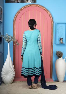 Light-blue embroidered georgette stitched a line trouser kurta dupatta readymade suits 4