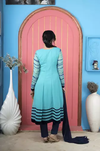 Light-blue embroidered georgette stitched a line trouser kurta dupatta readymade suits