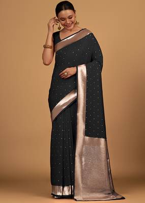 Black color banarasi silk blend saree with gold zari weaving work 2