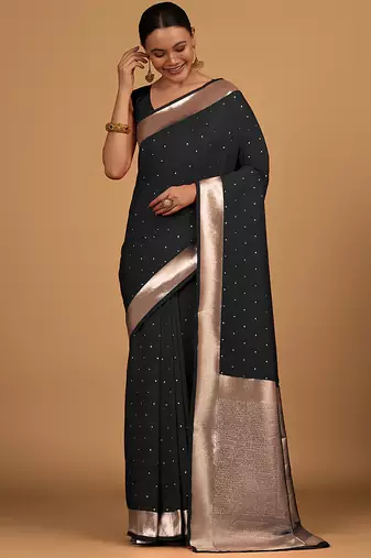 Black color banarasi silk blend saree with gold zari weaving work