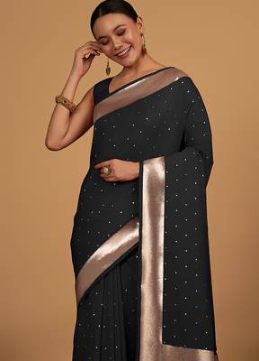 Black color banarasi silk blend saree with gold zari weaving work 3