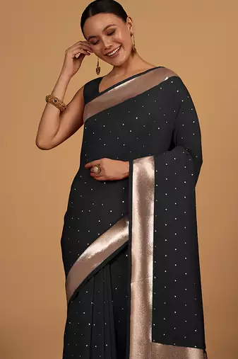 Black color banarasi silk blend saree with gold zari weaving work