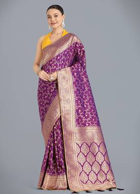 Purple color banarasi silk blend saree with gold zari weaving work 1