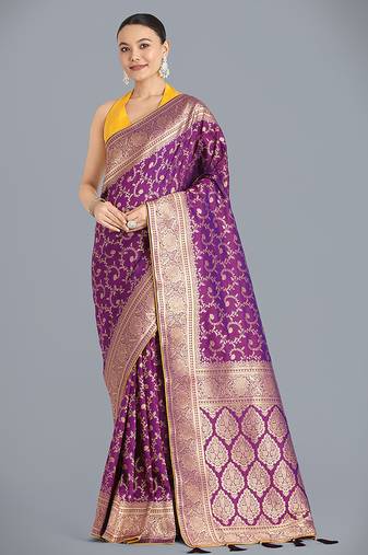 Purple color banarasi silk wedding collection saree