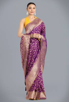 Purple color banarasi silk blend saree with gold zari weaving work 2