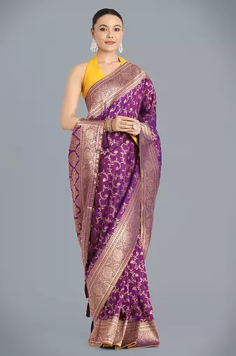 Purple color banarasi silk blend saree with gold zari weaving work
