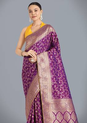 Purple color banarasi silk blend saree with gold zari weaving work 3