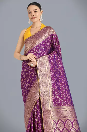 Purple color banarasi silk blend saree with gold zari weaving work